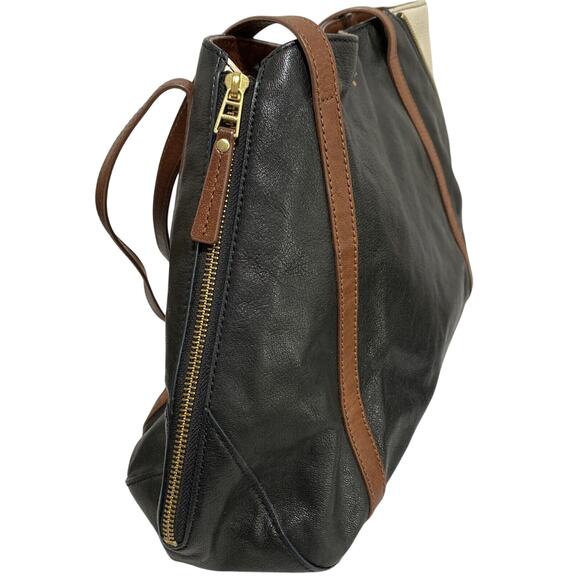Boho Fossil Black & Brown Leather Tote Purse Hobo Bag Expandable Side Zippers - Picture 5 of 10